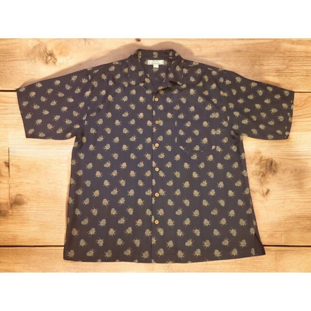 Tommy Bahama 100% Silk Shirt Mens L Black Pineapple Print Short Sleeve Hawaiian‎